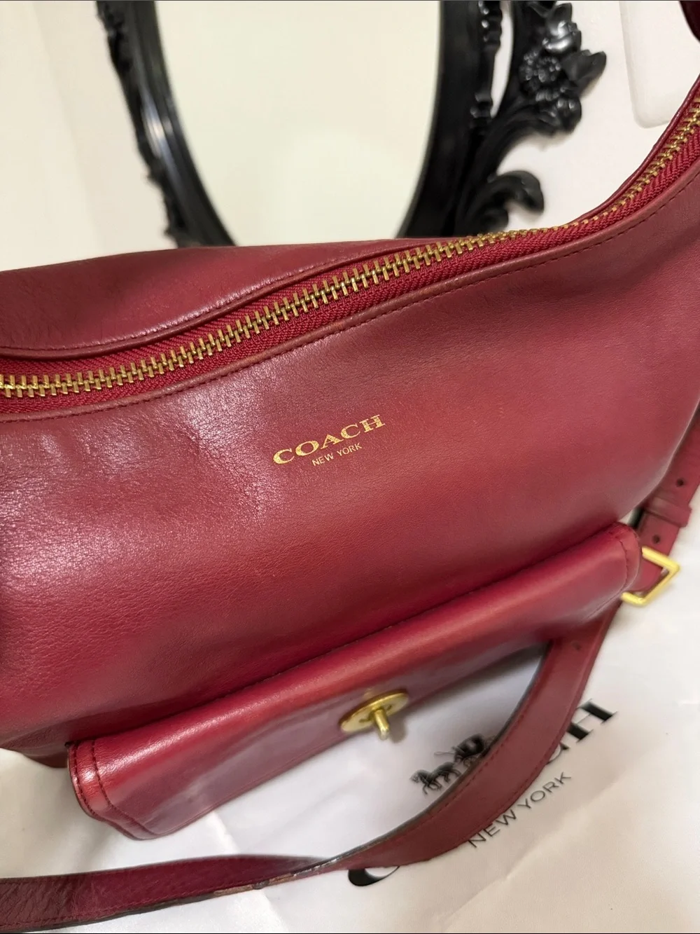 Coach 22381 Burgundy Leather Shoulder Bag with Tassel /long strap🎀
